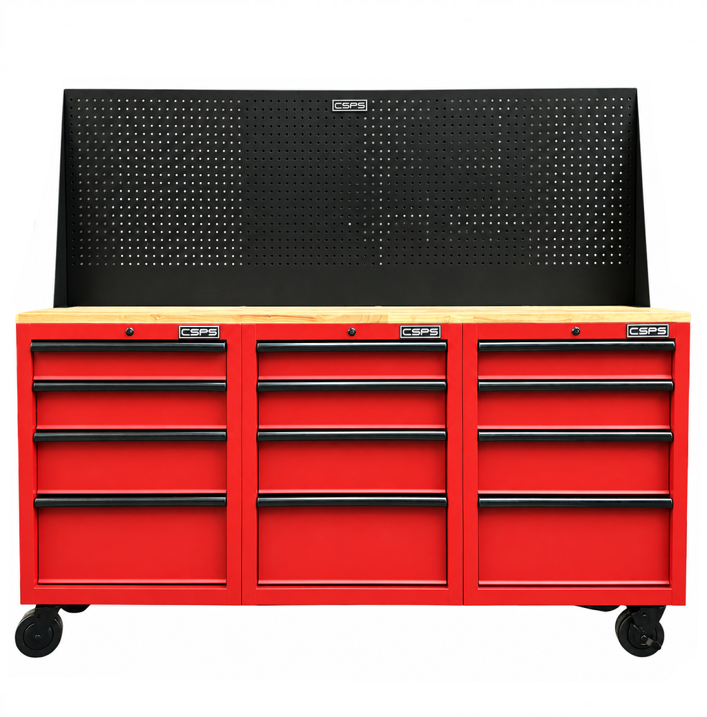 CSPS 183cm Red Tool Cabinet Set with Wooden Top and Pegboard – 12 Drawers