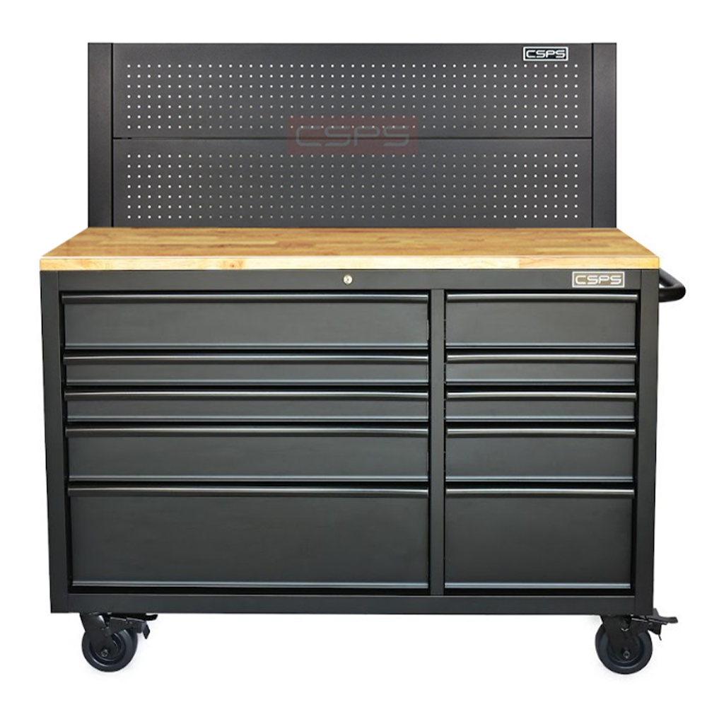 Tool cabinet with 10 drawers 132cm with matte black wood paneling with power socket with USB port CSPS