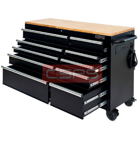 Tool cabinet with 10 drawers 132cm in matte black CSPS wood surface