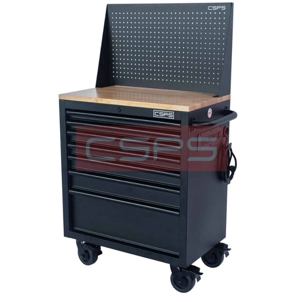 Tool cabinet with 7 drawers, 76cm matte black wood paneling with CSPS mesh wall