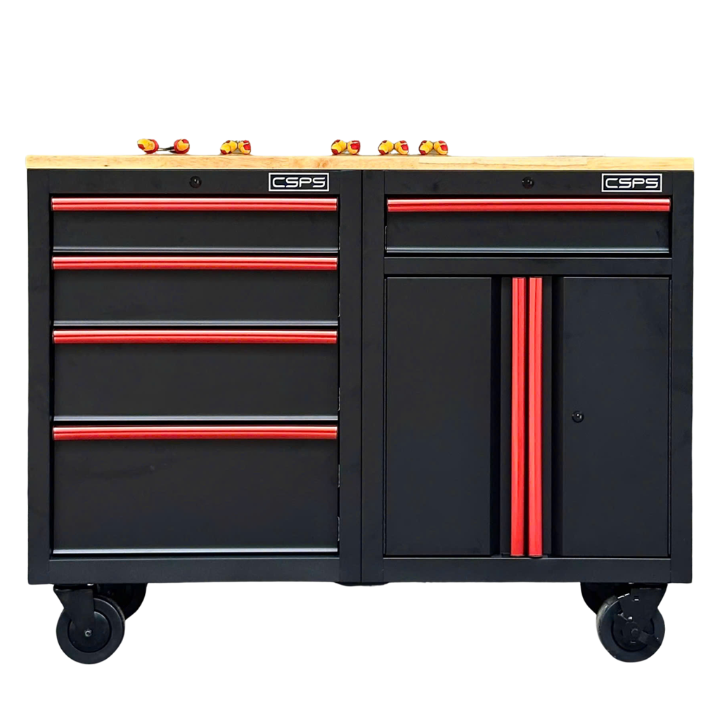 Tủ dụng cụ CSPS 122cm - 05 hộc kéo màu đen tay cầm đỏ mặt ván gỗ