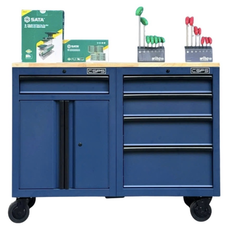 Tủ dụng cụ CSPS 122cm - 05 hộc kéo màu xanh dương mặt ván gỗ