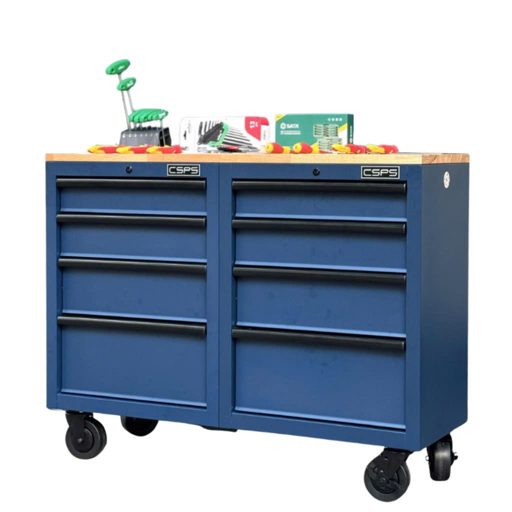 Tủ dụng cụ CSPS 122cm - 08 hộc kéo màu xanh dương mặt ván gỗ