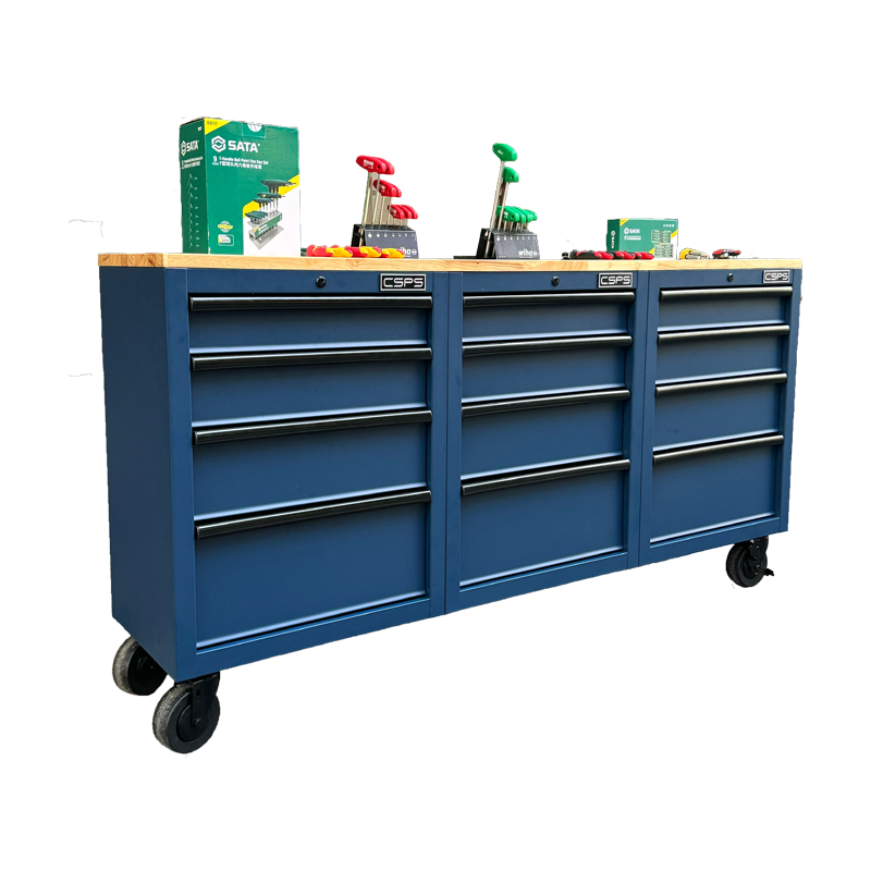 Set of 3 CSPS 183cm blue tool cabinets with wooden panel and mesh wall - 09 drawers