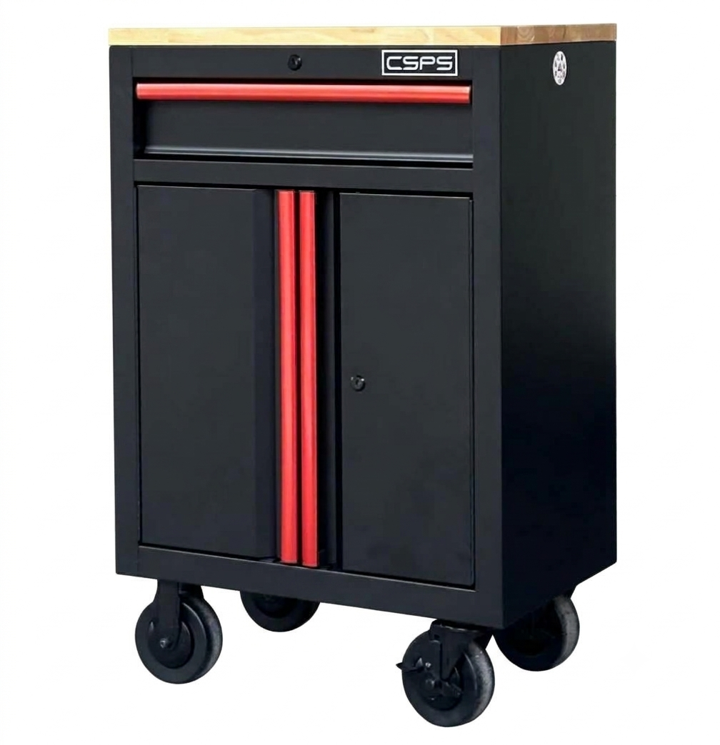 Tủ dụng cụ CSPS 61cm - 01 hộc kéo màu đen tay cầm đỏ kèm bánh xe, ván gỗ