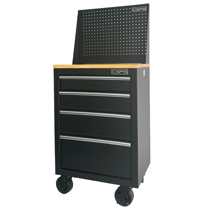 CSPS tool cabinet 61cm - 04 black drawers, wooden wheels, mesh walls (white handles)