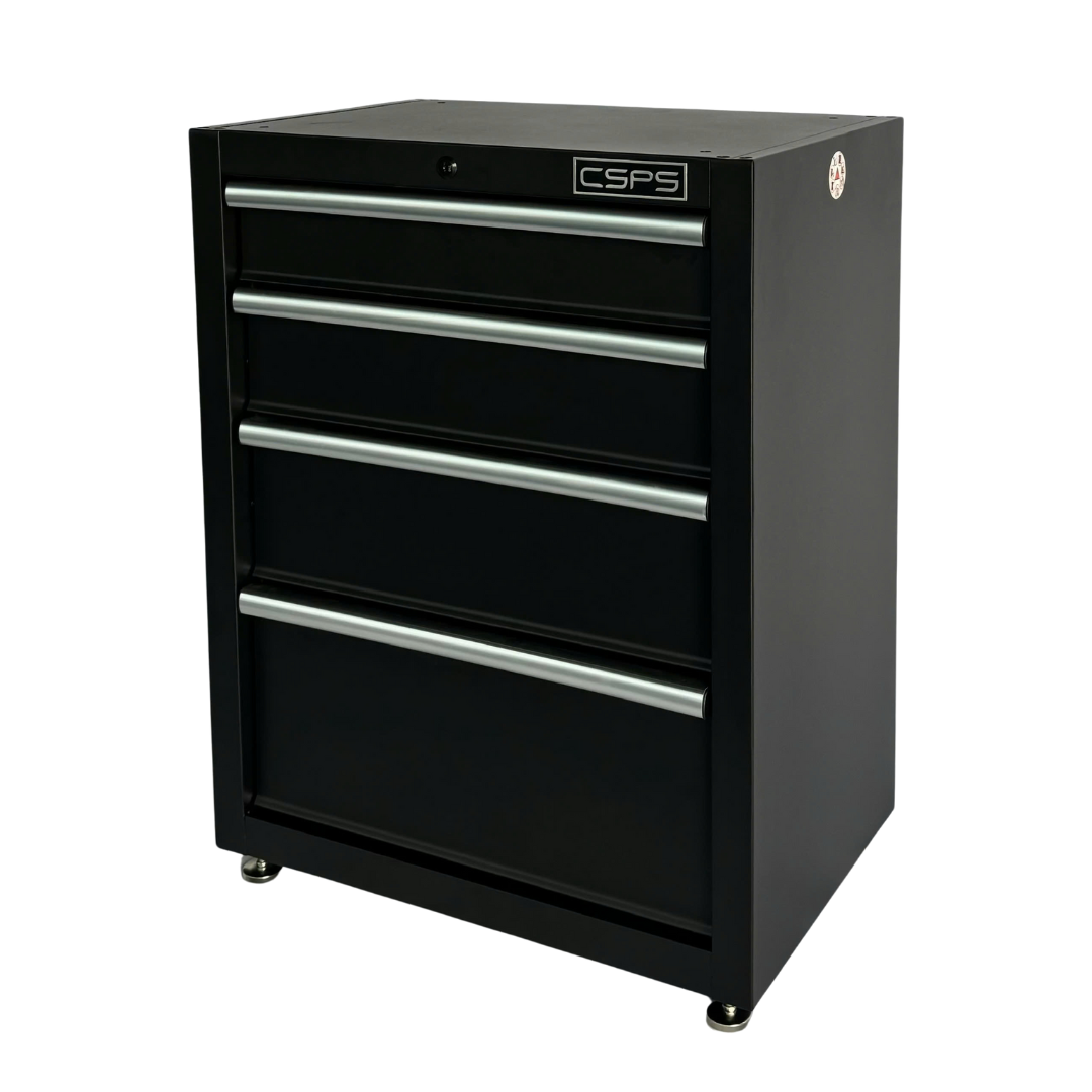 CSPS tool cabinet 61cm - 04 black drawers with adjustable legs (white handles)