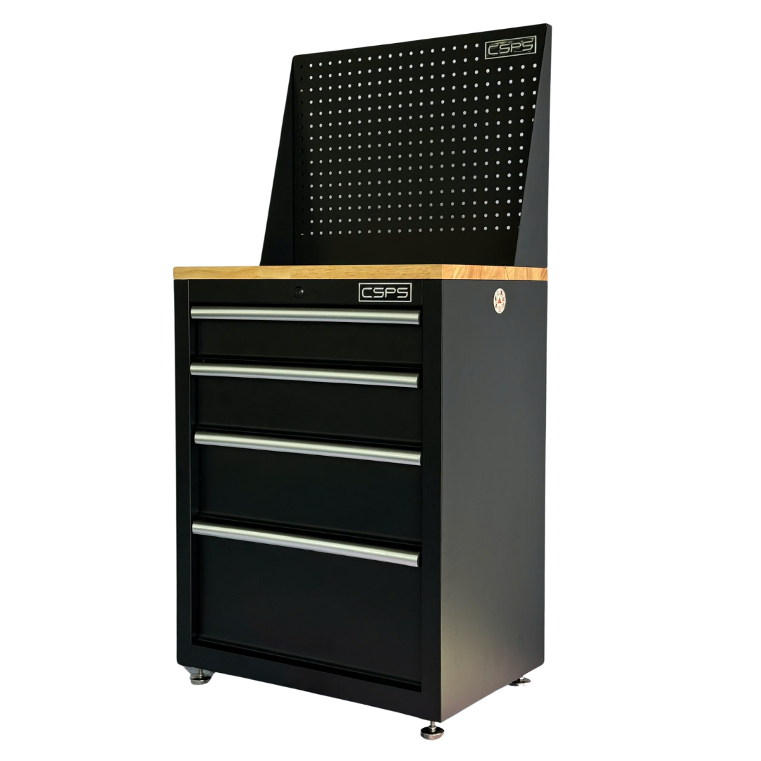 CSPS tool cabinet 61cm - 04 black drawers, adjustable legs, wooden panel, mesh wall (white handles)