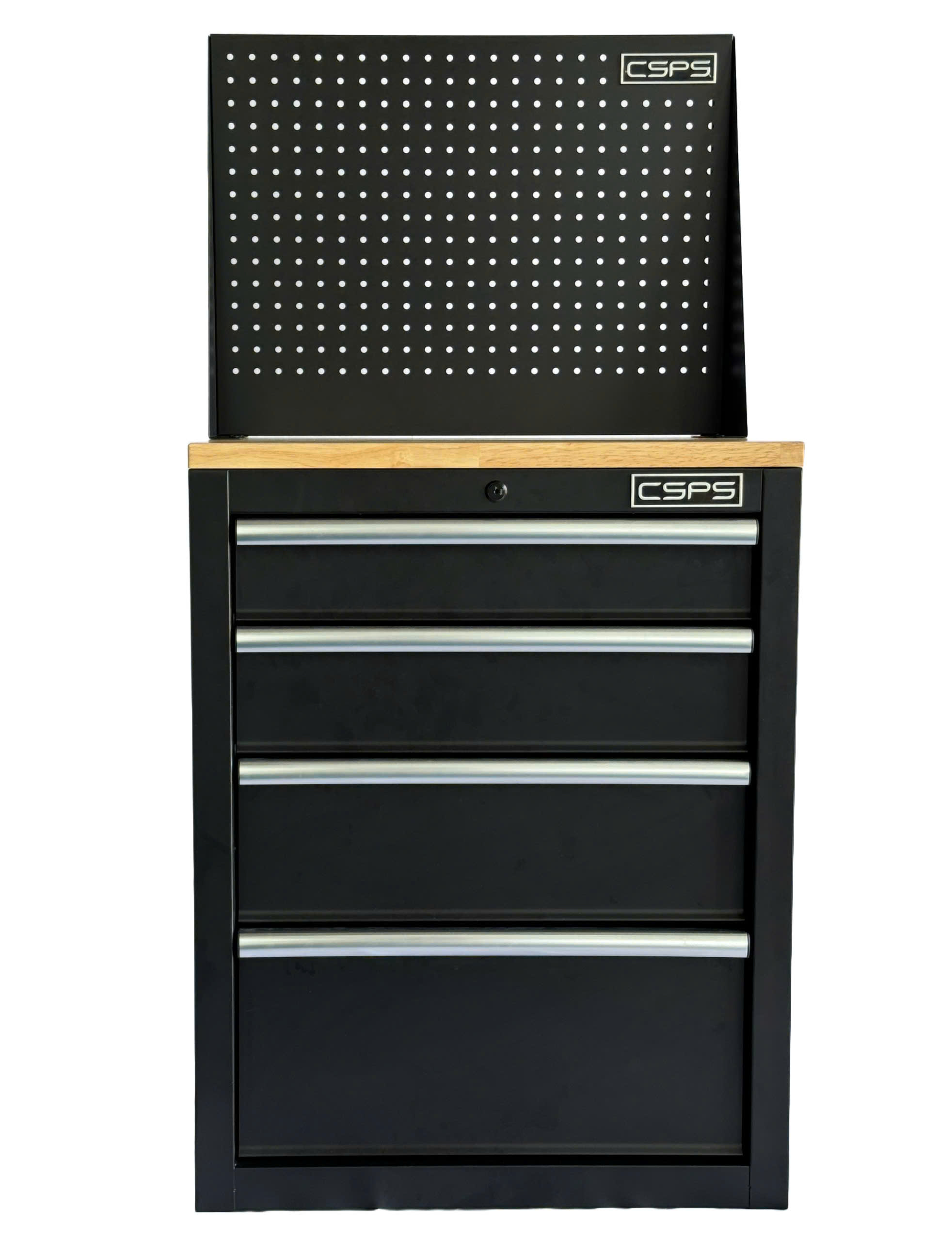 CSPS tool cabinet 61cm - 04 black drawers with wooden panels and mesh walls (white handles)