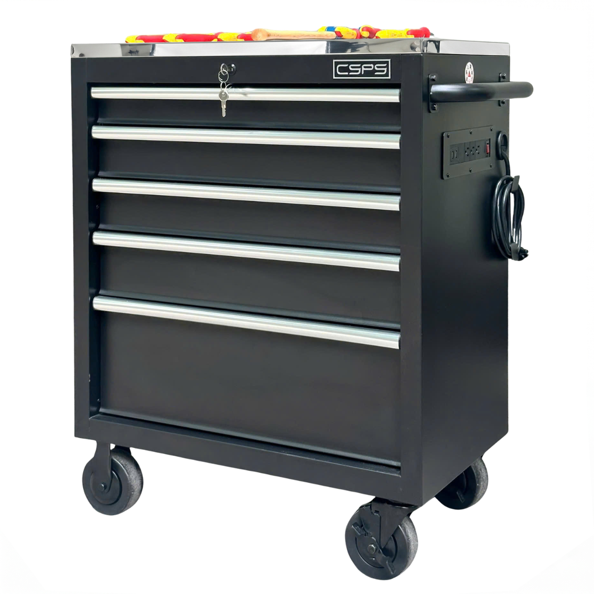 CSPS Black tool cabinet 76 cm – 05 drawers with Stainless Steel Top (White Handles)