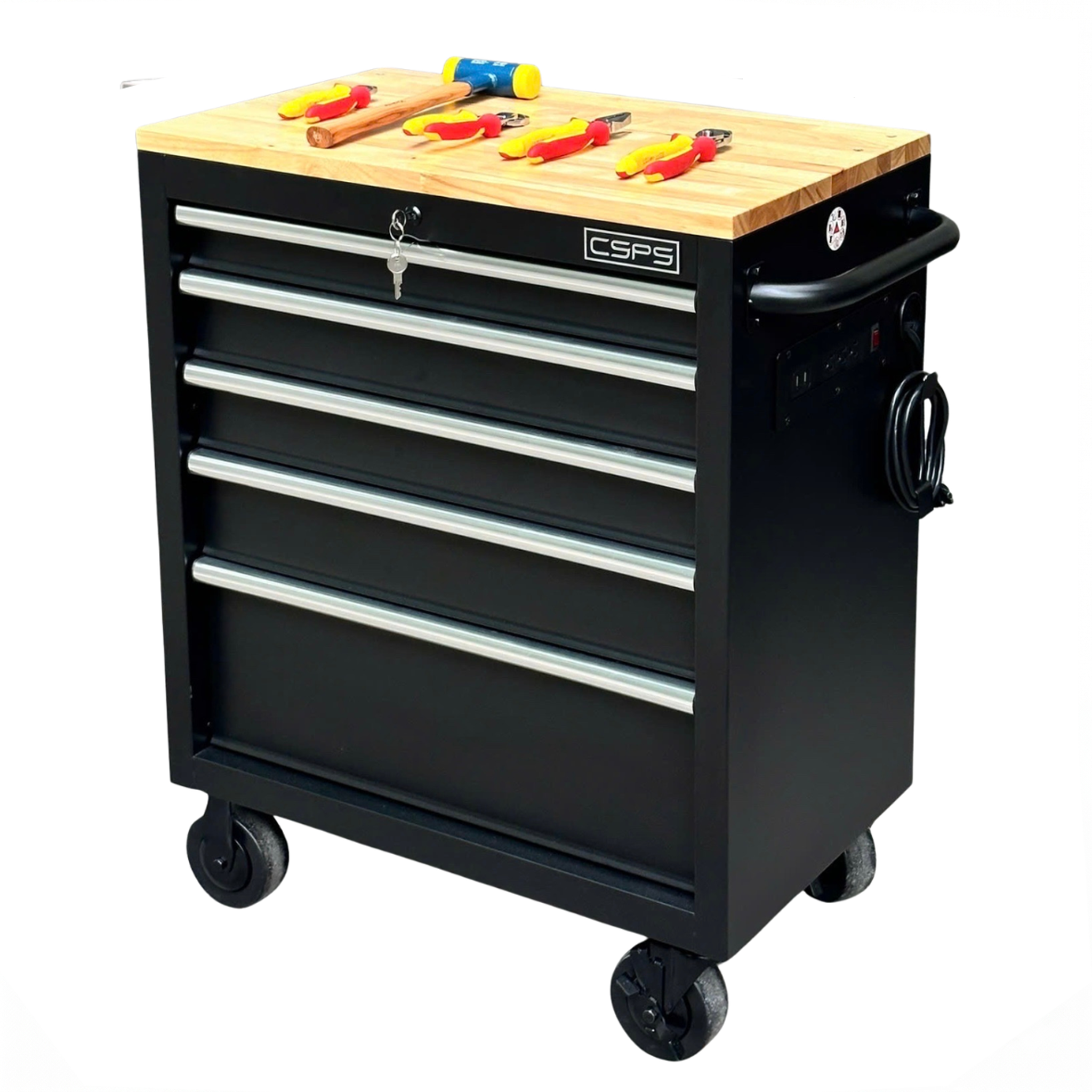 CSPS Black tool cabinet 76 cm with Wooden Top – 05 drawers (White Handles)