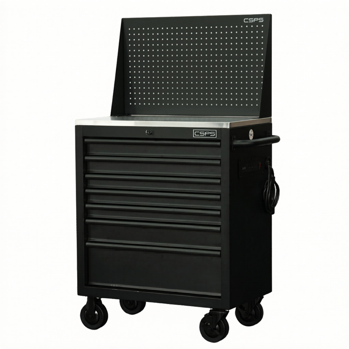 Tủ dụng cụ CSPS 76cm - 07 hộc kéo tay cầm đen kèm vách lưới (mặt inox)