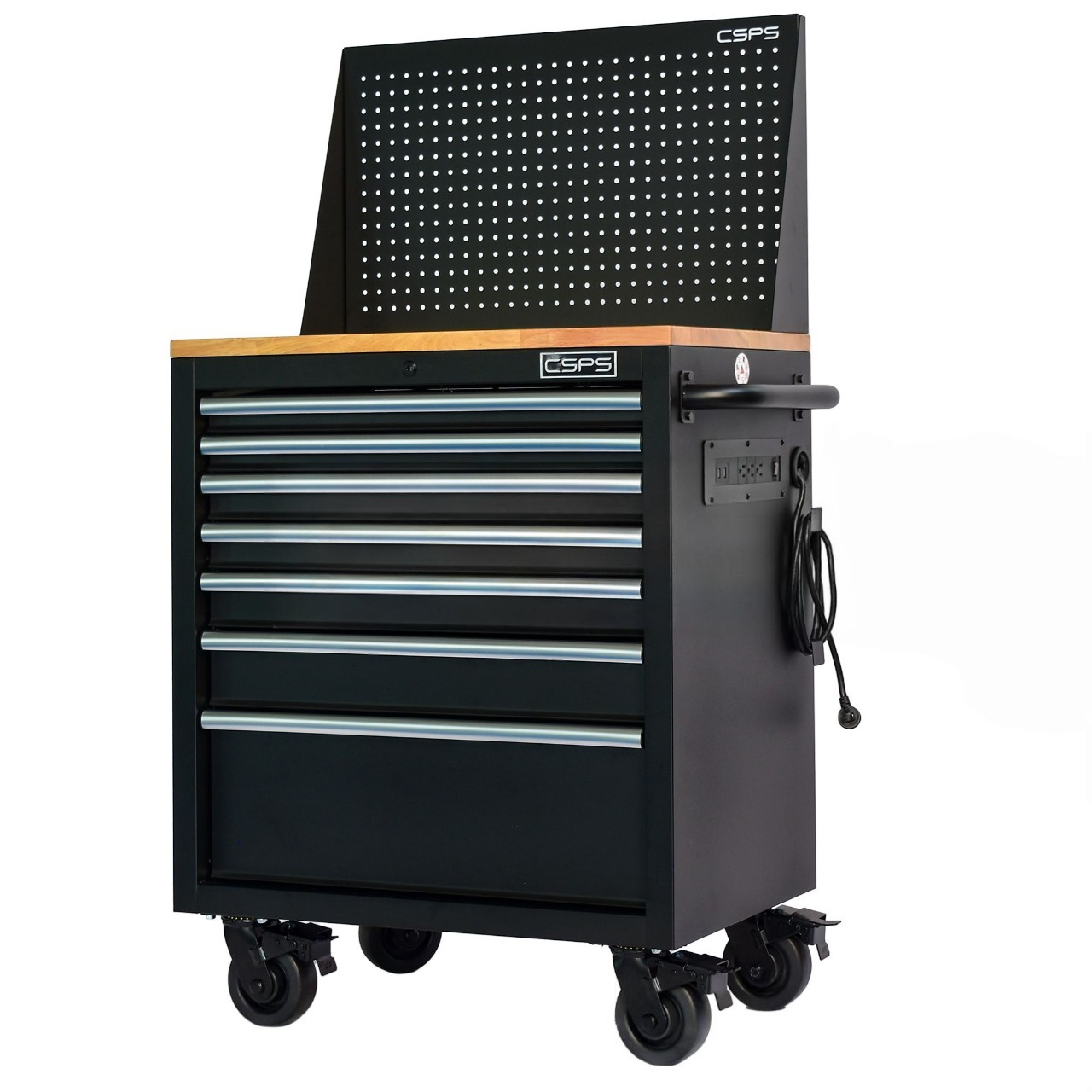 Tool cabinet with 7 drawers, 76cm matte black wood paneling with CSPS mesh wall