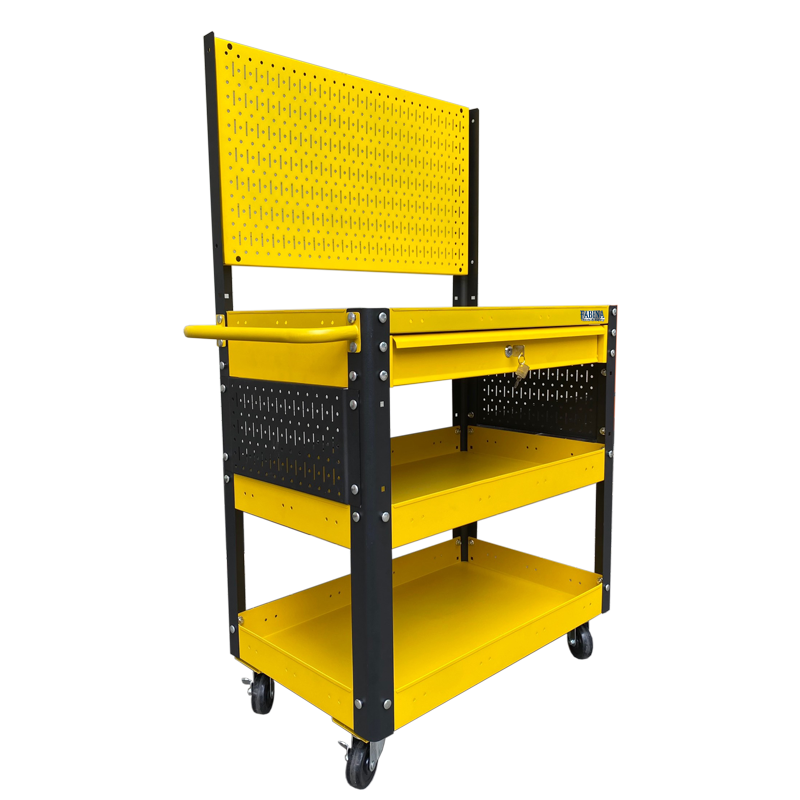 Multi-function trolley with 3 black compartments 1 yellow drawer with black mesh wall Fabina